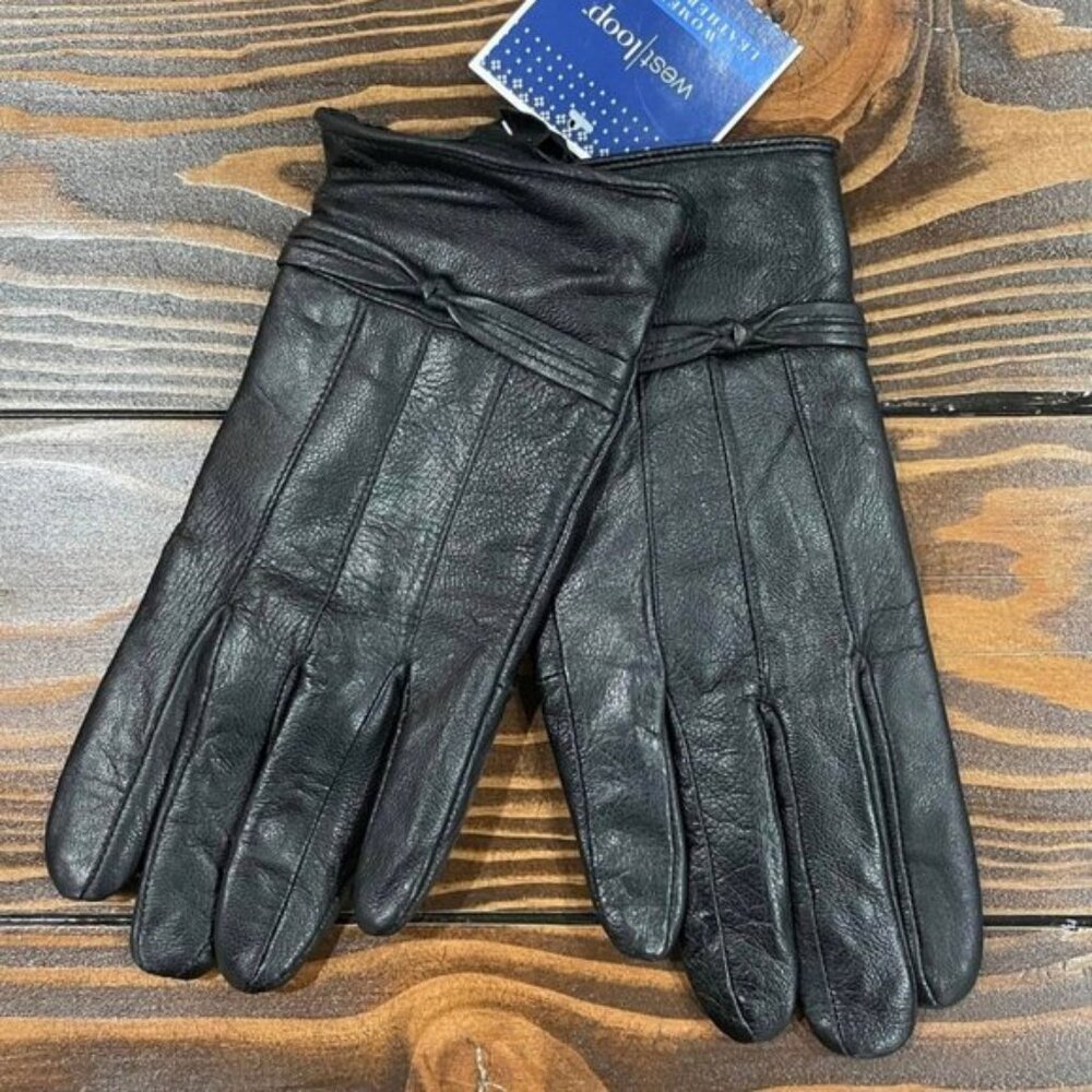 New: OS Women's Black Leather Fleece Lined Gloves
